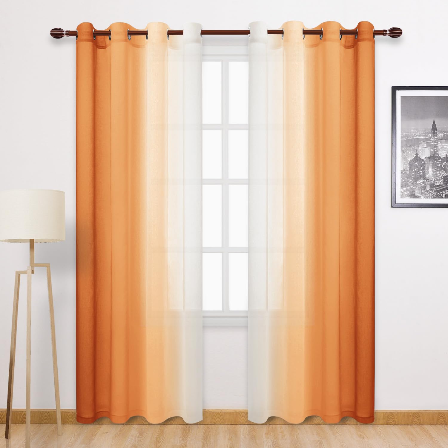 DWCN Ombre Faux Linen Sheer Curtains - Extra Long Gradient Semi Voile Light Filtering Grommet Top Bedroom and Living Room Curtains, 52 x 102 Inches Long, 2 Panels, Sunset Orange — image 1