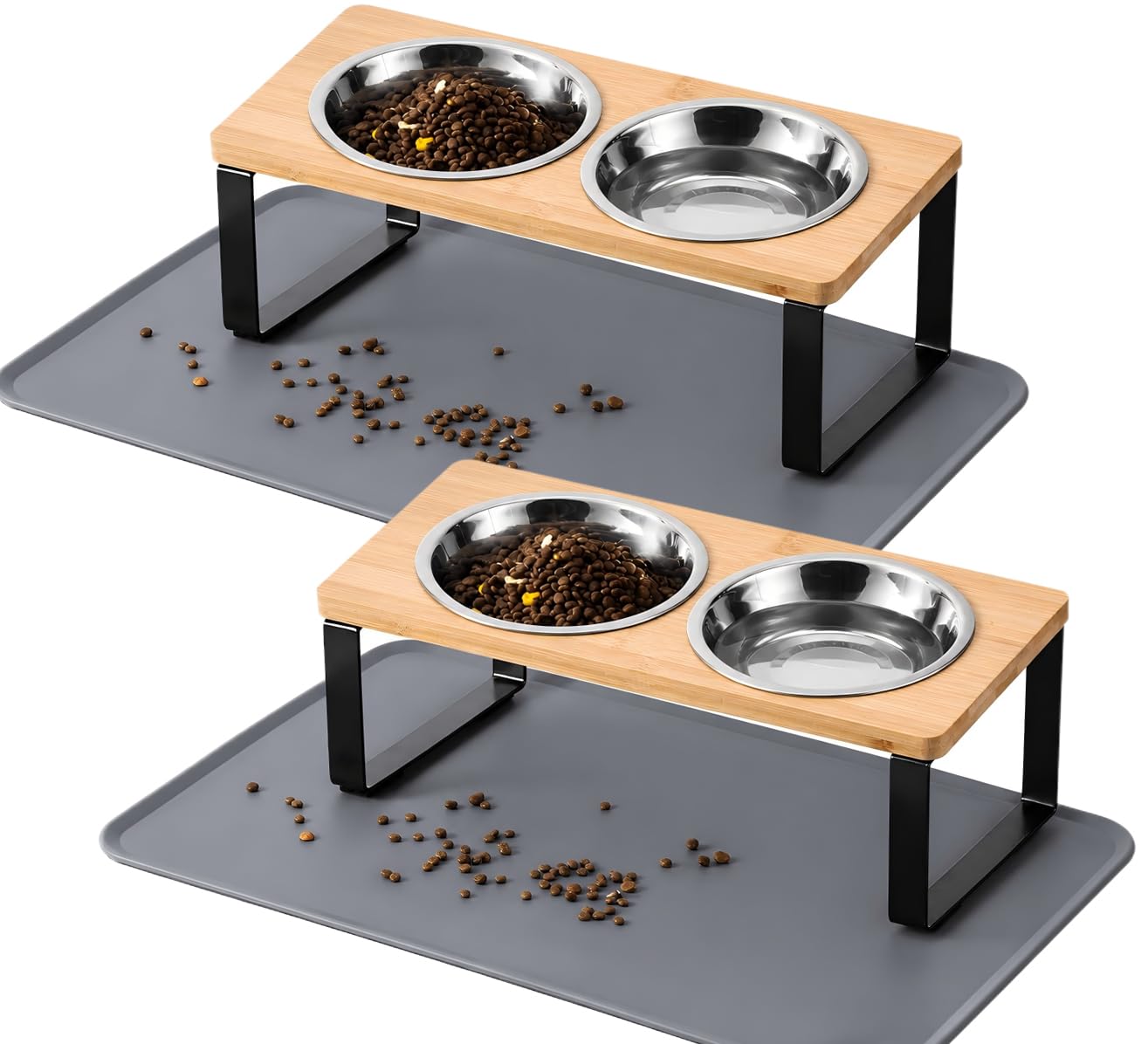2 Pack Elevated Cat Bowls with Food Mat,15°Tilted Stand Anti Vomiting Raised Cat Dishes for Food and Water,2 Stainless Steel Bowls for Cats and Puppy — image 1