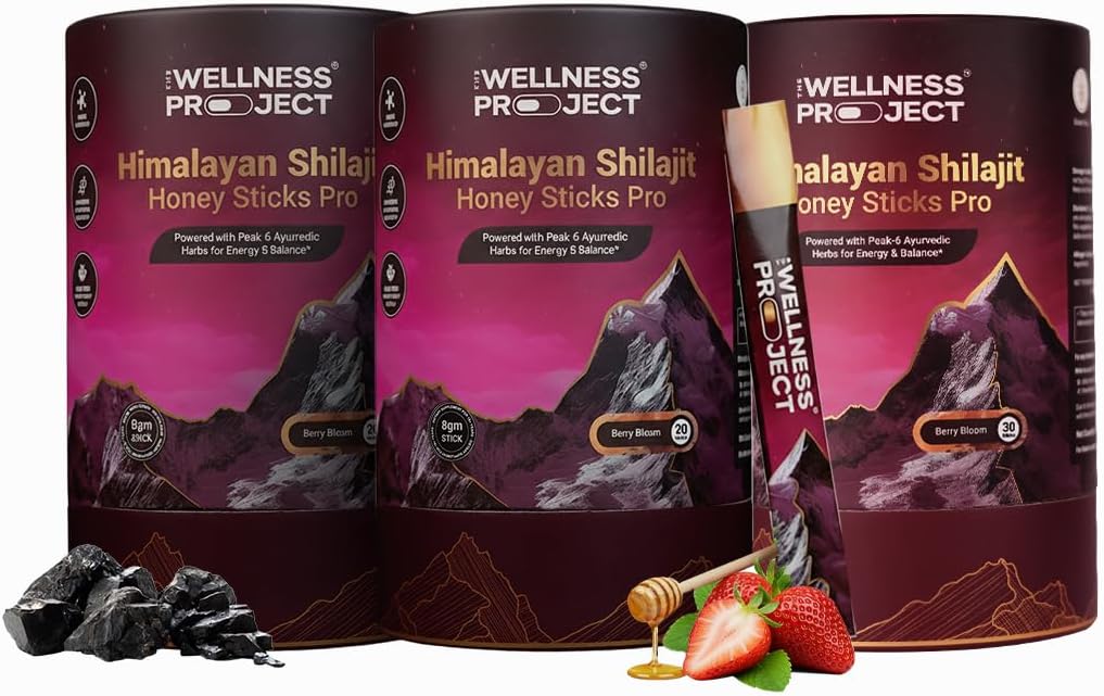 The Wellness Project Himalayan Shilajit Honey Sticks Pro (Strawberry) with Shatavari, Saffron, Lodhra | Fulvic Acid & Trace Minerals | Natural Energy | No Sugary Aftertaste | 30 Sticks (Pack of 3)