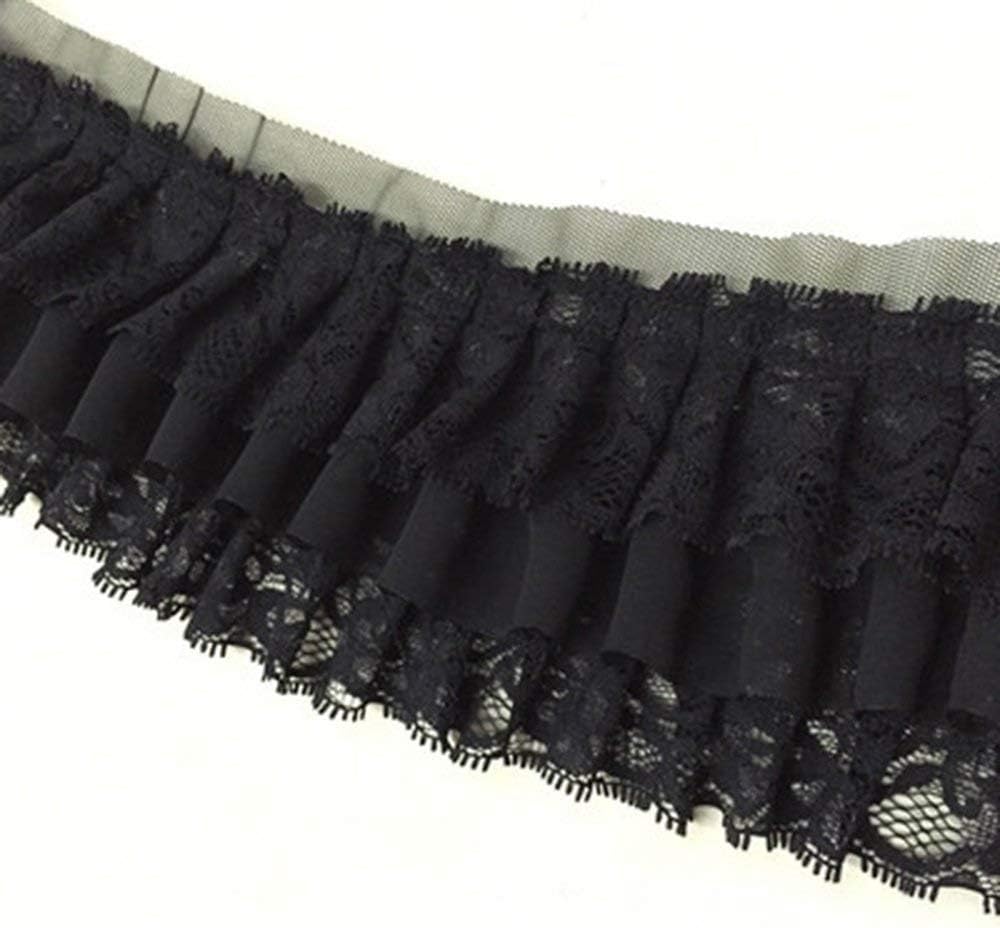 5 Yards 3-3/4" Wide Ruffled Lace Trims Pleated Lace Trim for Dress Extender Sewing Accessories 2 Colors for Selection (Black)
