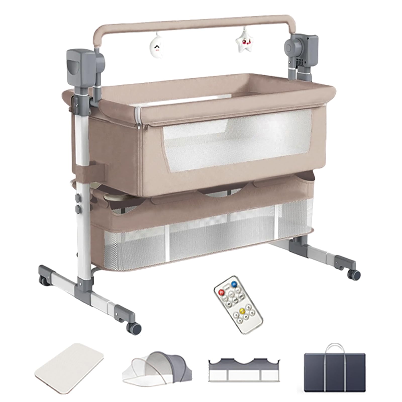 Babybett mit matratze, reisebett, beistellbett mit Rollen, Verstellbare Beistellbett, Zusammenklappbar, höhenverstellbar, mit Moskitonetz und Aufbewahrungstasche. von 0 bis 12 Monaten