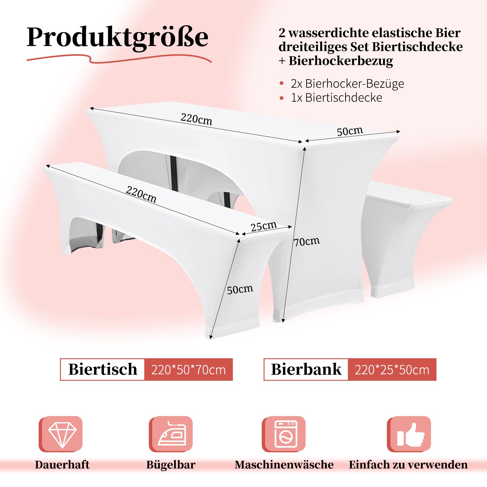 Set di 2 teli da birra, 3 pezzi, bianchi elastici per tavolo da birra e copertura per panchina, larghezza tavolo 50 cm, impermeabile, 220 x 50 x 70 cm, per esterni, giardino
