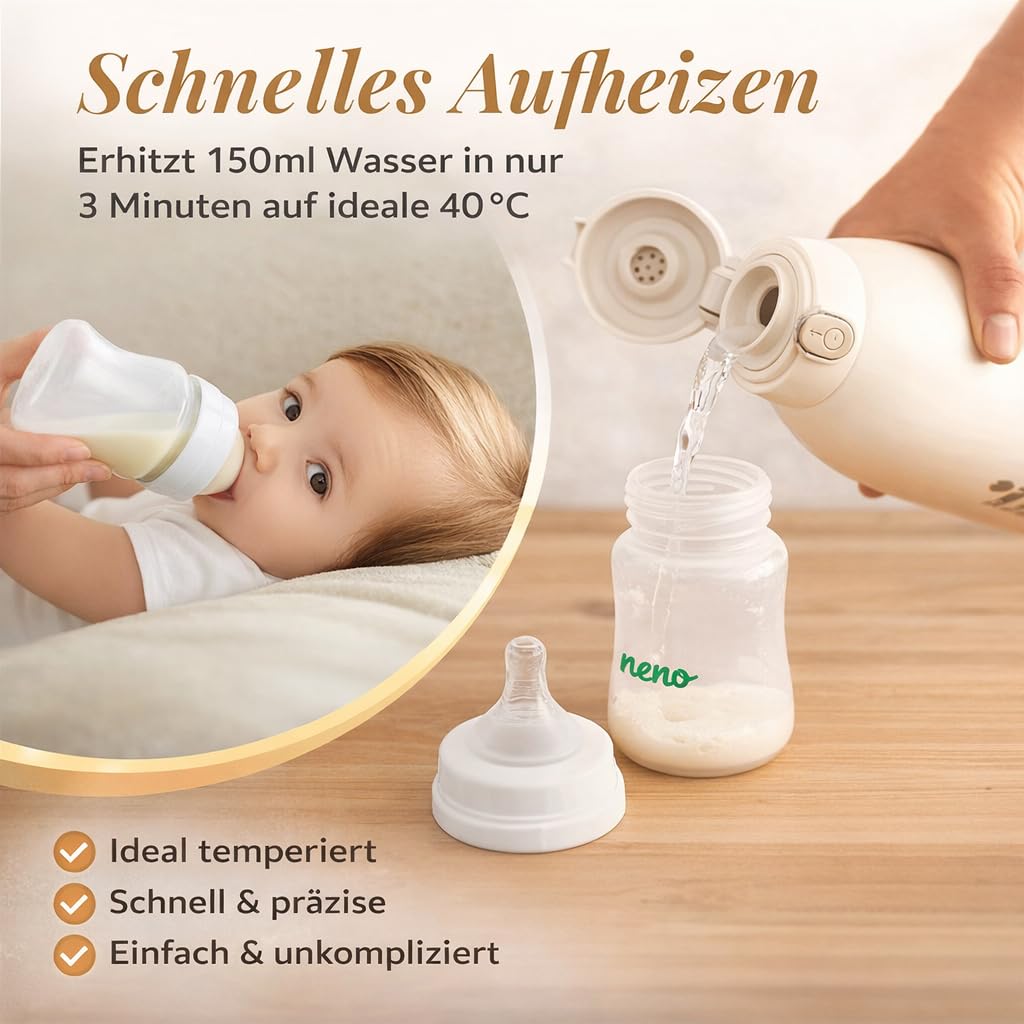 NENO Savia - Calentador de biberones portátil para bebés, 500 ml de capacidad, calentamiento hasta 55 °C, calentamiento rápido y batería de larga duración