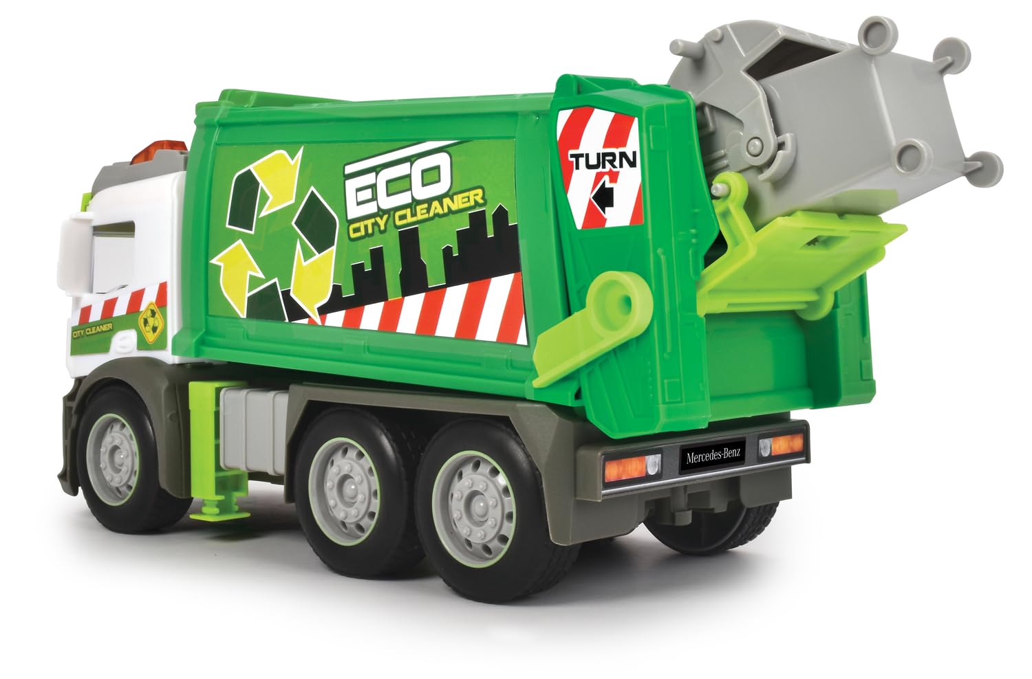 Dickie Toys 203745014 CITY Śmieciarka Mercedes z ruchomym koszem z dźwiękiem i światłem ostrzegawczym, funkcja załadunku i rozładunku, auto zabawkowe dla dzieci od 3 lat, 26 cm