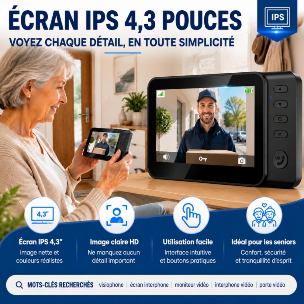 TKMARS Sonnette Vidéo sans Fil 4.3’’ HD 1080P, Visiophone IP65 Étanche, Grand Angle 170°, Vision Nocturne IR, Interphone Audio Bidirectionnel, sans WiFi ni App, Détection Mouvement | Écran IPS 4.3", Audio Bidirectionnel, Grand Angle 170°, Vision Nocturne