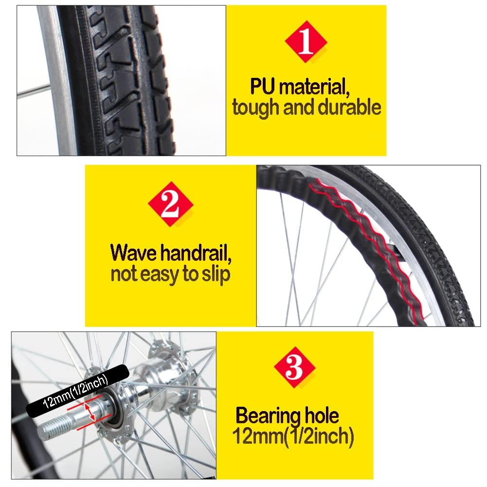 Piezas de Repuesto de Ruedas para Sillas de Ruedas Manual, Rueda Trasera de 24 Pulgadas, Ruedas Sólidas no Inflables, Cojinete 12mm, 1 Unidad