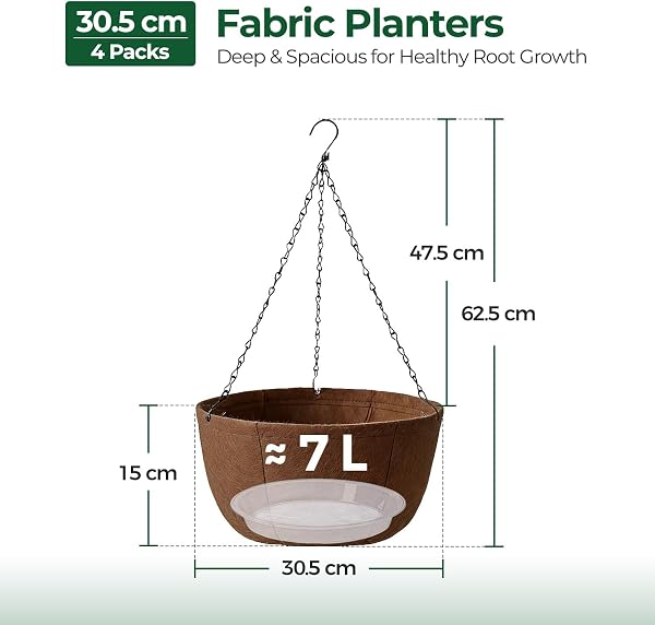 T4U Hanging Baskets Outdoor 4 Pack 30.5cm, Breathable Fabric Hanging Plant Pot with Tray to Catch Excess Water, Hanging Planter with Rustproof Chains for Growing Flowers & Plants Patio Porch Garden - 2