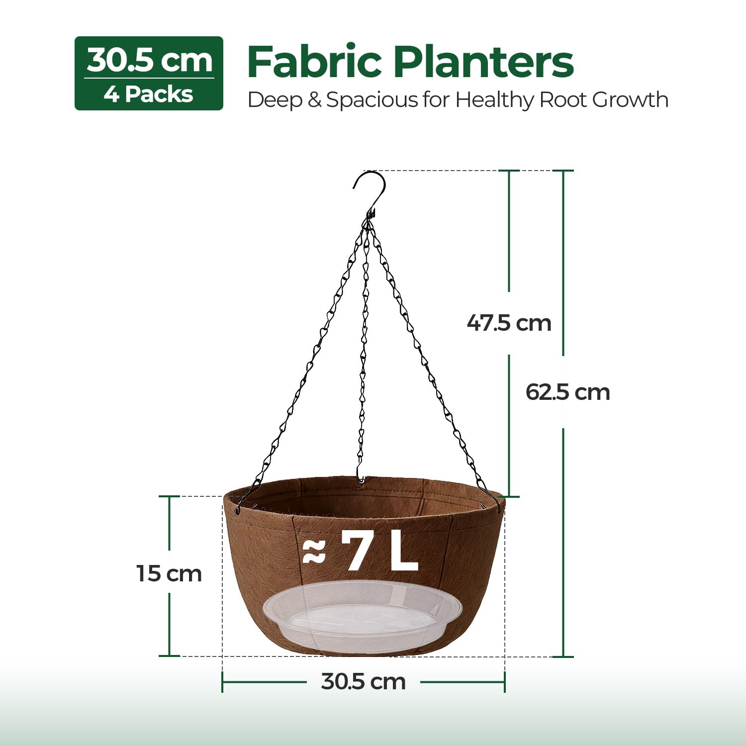 T4U Hanging Baskets Outdoor 4 Pack 30.5cm, Breathable Fabric Hanging Plant Pot with Tray to Catch Excess Water, Hanging Planter with Rustproof Chains for Growing Flowers & Plants Patio Porch Garden — view 2