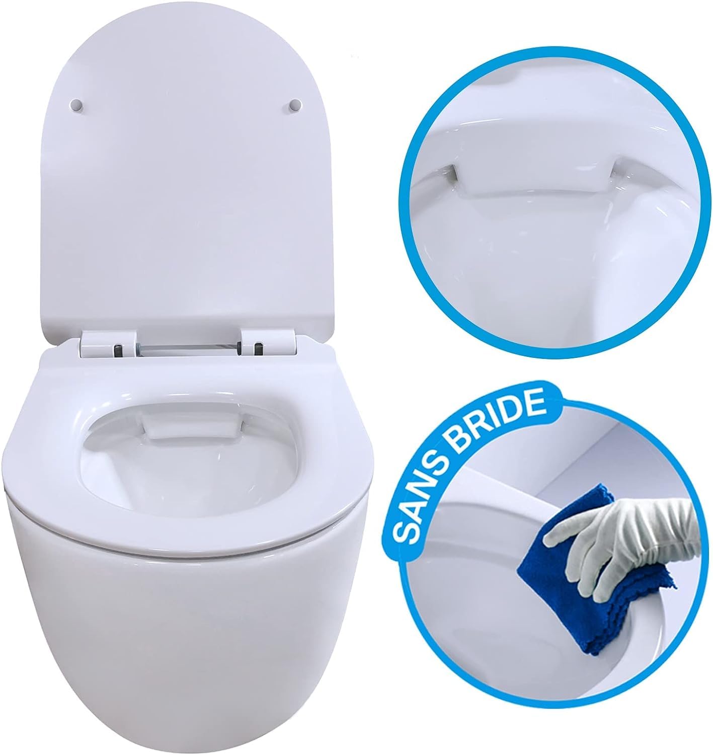 Inodoro suspendido completo - Cerámica - Sin bridas - Blanco - Soft-close - Cisterna empotrada CHRONO - Pulsador gris CROMO - Tapa extra fina - Diseño elegante y moderno