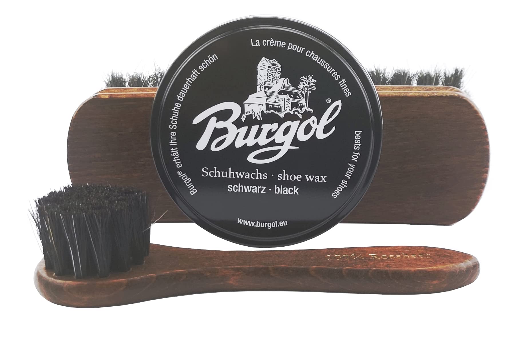 Schuhpflegeset Burgol Schuhwachs für Glattleder - Schuhe: Farbe: Schuhwachs schwarz, Cremebürste, Rosshaarbürste mit Pflegetipps
