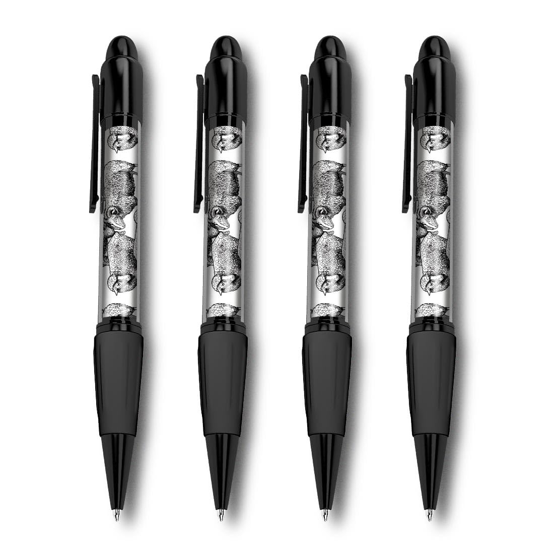 Set of 4 Black Ballpoint Pens (Photo Insert) - Sheep Pattern Farm Farmer - Soft Feel Finger Grip #170869, 1 count (Pack of 4)