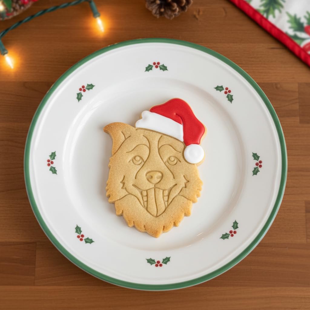 BAKERLOGY Set of 2 Christmas Border Collie with Santa Hat Cookie Cutters – Festive Sheepdog Face Design for Pet Treats, Winter Holidays Baking