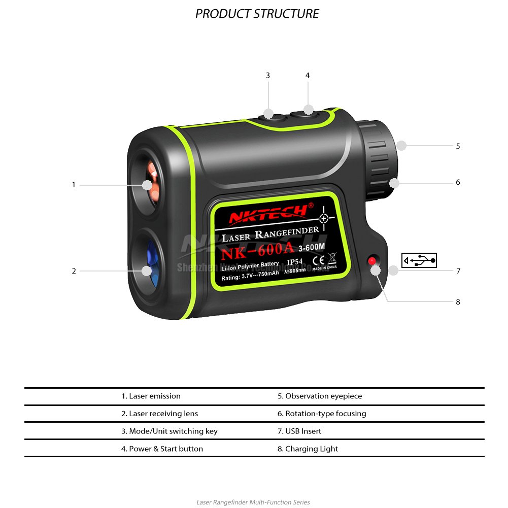 Télémètre laser 4-en-1, portée 1500 m, grossissement 8x, rechargeable, pour chasse et golf