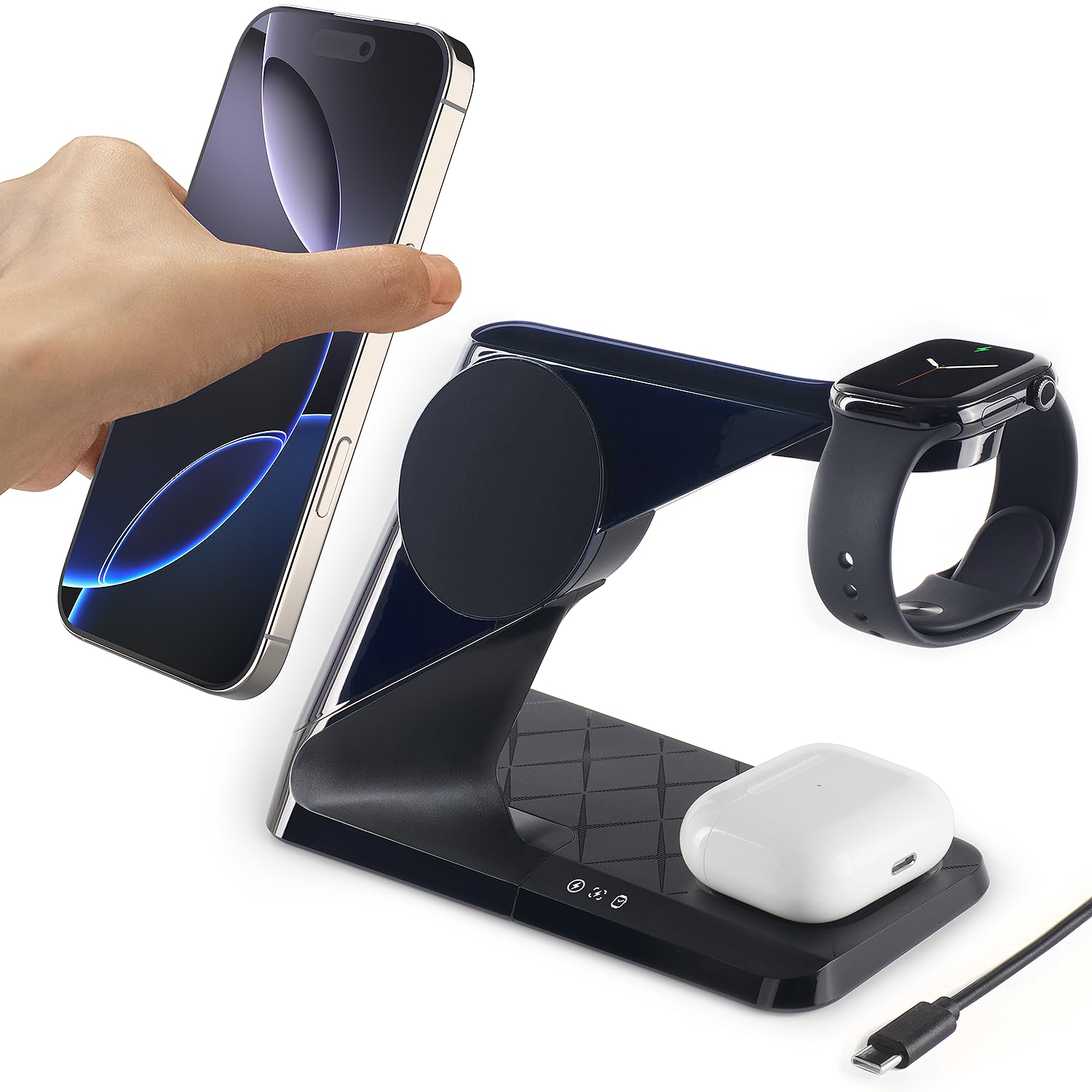 3 in 1 Charging Station for Apple Devices, Mag-Safe Charger Stand, Wireless Charger for iPhone 16/15/14/13/12 Series,& AirPods,& iWatch, Adapter Not