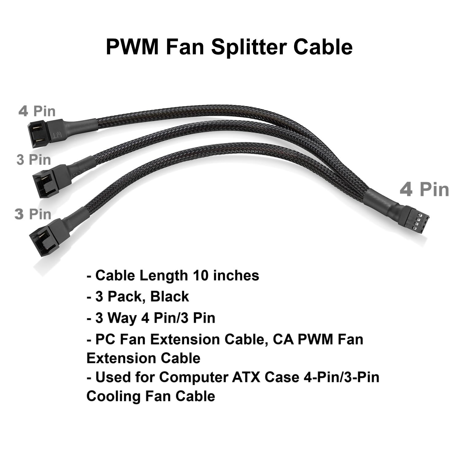 PWM Lüfter Splitter Kabel 10 Zoll Schwarz 3 Wege 4 Pin PC Lüfter Verlängerungskabel CA PWM Lüfterverlängerungskabel für Computer ATX Gehäuse 4-Pin/3-Pin Cooling Fan Cable