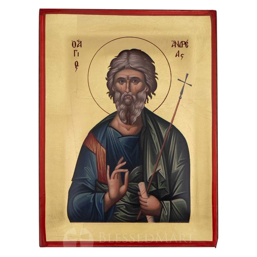 BlessedMart Apostel Andrew Ikone - orthodoxe byzantinische Ikone handgefertigt auf natürlichem Massivholz Geschenk fertig - Versand in einer Box