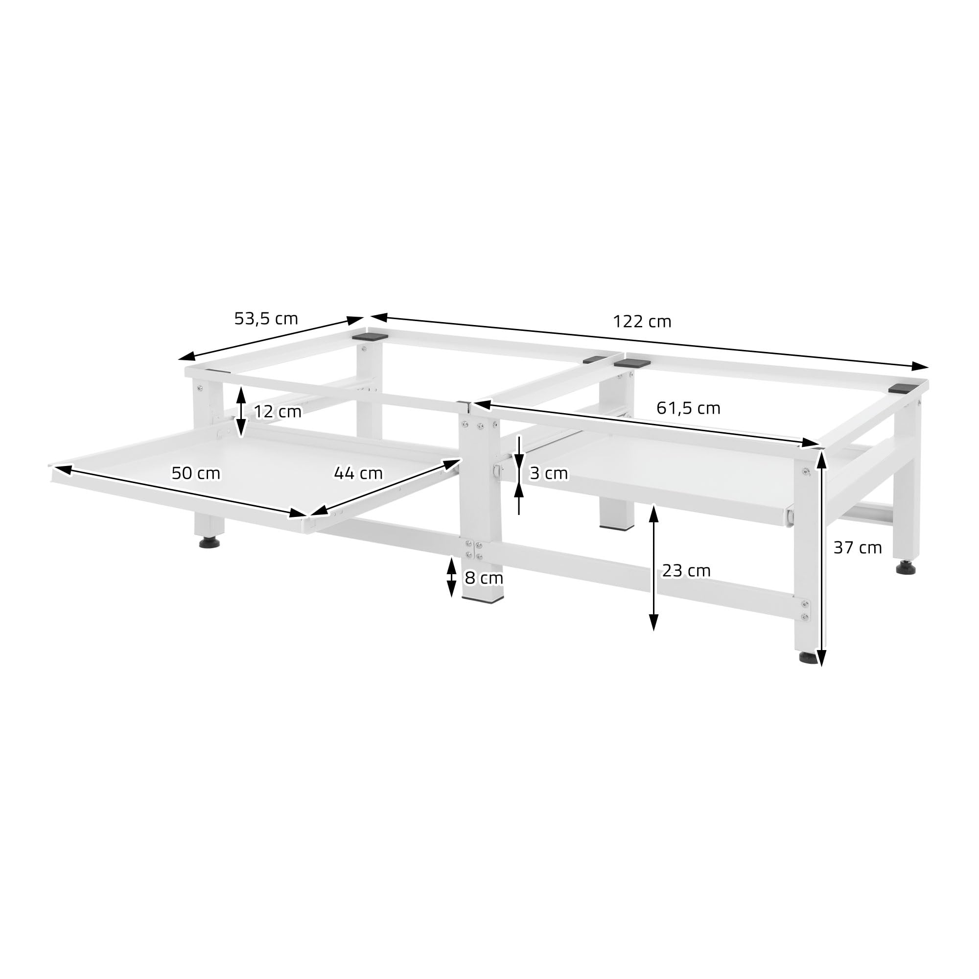 ML-Design Doppel Waschmaschinen-Untergestell mit 2 ausziehbaren Ablagen, Weiß, aus Stahl, bis 2x 150kg+10 kg, verstellbare Füße, Waschmaschinensockel 2-Fach, Doppeluntergestell Doppelpodest Erhöhung