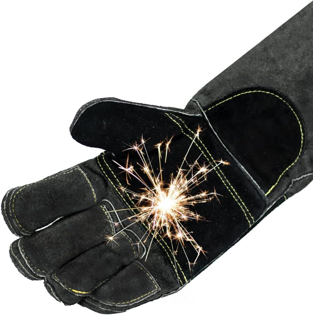 Welding/BBQ Leather Gloves, 16 Inches, Black-Gray, Heat/Fire Resistant, Mitts for Oven/Grill/Fireplace/Furnace/Stove/BBQ/16 inches Extra Long Sleeve