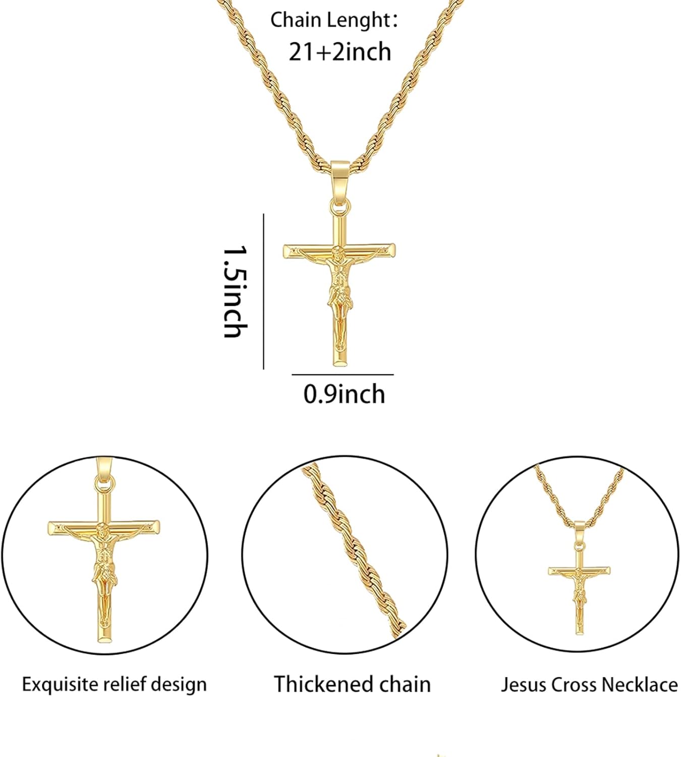 18K Gold Plated Cross Pendant with 3mm 22" Rope Chain for Men Catholic Jesus Cross Pendant - Image 2