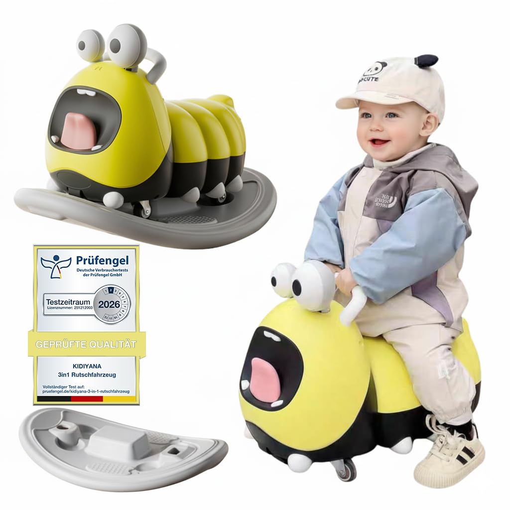 3in1 Rutschfahrzeug Babyroller + Schaukeltier + Balancierbrett, Yoyo Babyrutscher Rutschauto Geschenke ab 10 Monaten, PP Material, BPA-frei, max. 30kg, Gelb