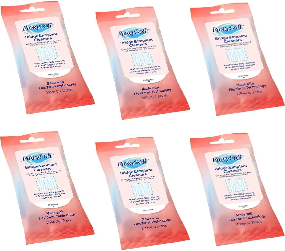 Proxysoft Dental Floss for Bridges and Implants 6 Packs - Floss Threaders for Bridges, Dental Implants, Braces with Extra-Thick Proxy Brush for Optimal Oral Hygiene -Teeth Bridge and Implant Cleaners
