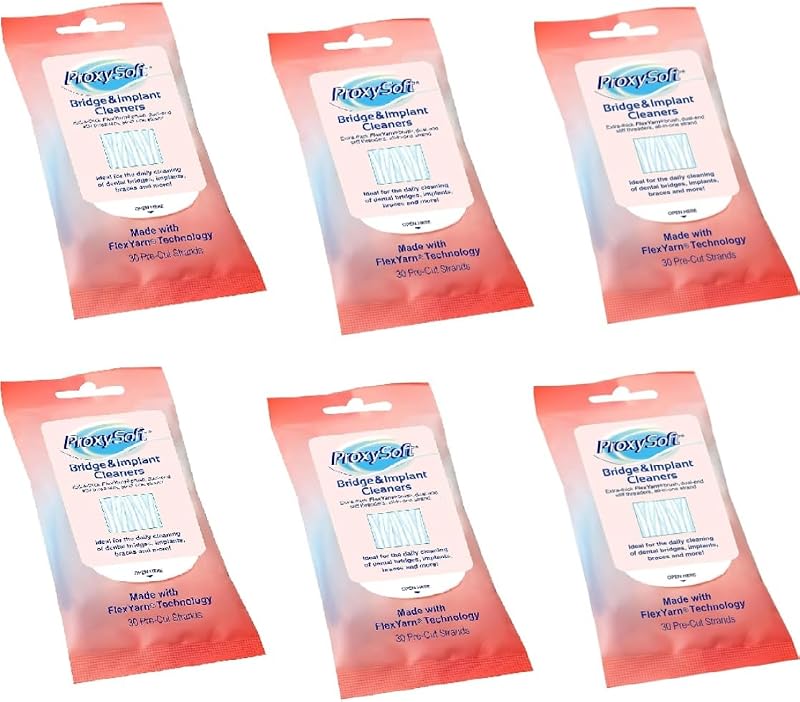 Proxysoft Dental Floss for Bridges and Implants 6 Packs - Floss Threaders for Bridges, Dental Implants, Braces with Extra-Thick Proxy Brush for Optimal Oral Hygiene -Teeth Bridge and Implant Cleaners