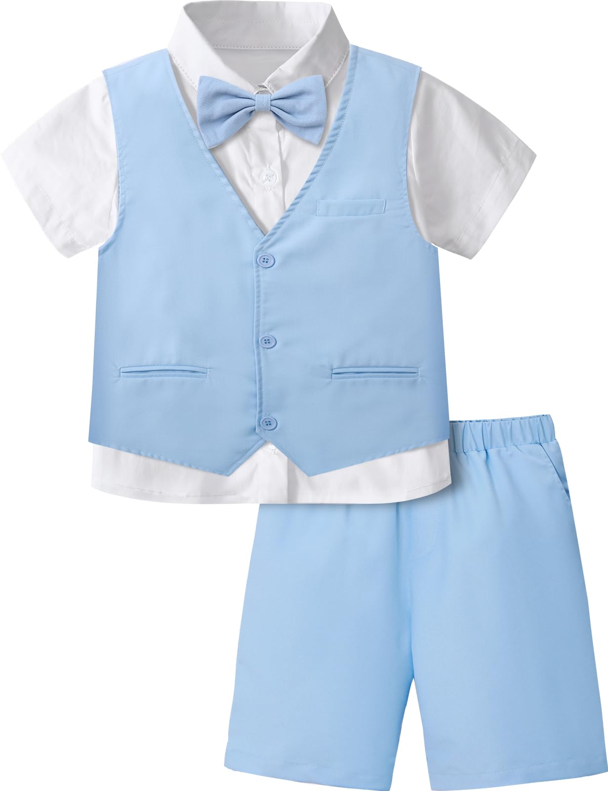 A&J DESIGN Boys Short Suit Set 3 Pieces Kids Formal Gentleman Outfit, 4-11 Years, Shirt + Vest + Shorts + Bow Tie