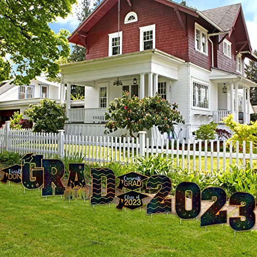 11 Pieces Graduation Yard Sign Decorations Congrats Graduation Lawn Signs 2023 Grad Yard Signs With 23 Stakes For Outdoor Congrats Graduation Party Decoration Supplies (Black And Gold, Laser Style) #TOP5