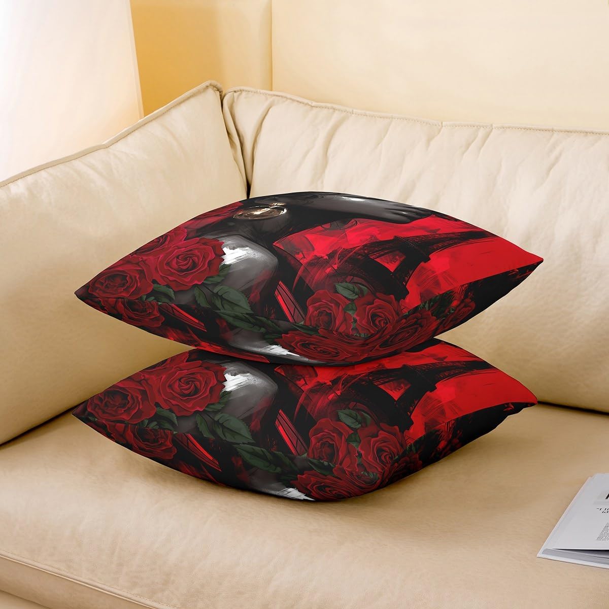 Red Rose Pillow Covers for Couch Sofa Bed,Romantic Valentine's Day Flowers Floral Pillow Cases Cushion Covers 24"x24" Set of 2,African Ethnic Style Hand Drawn Graffiti Square Cushion Cases Set