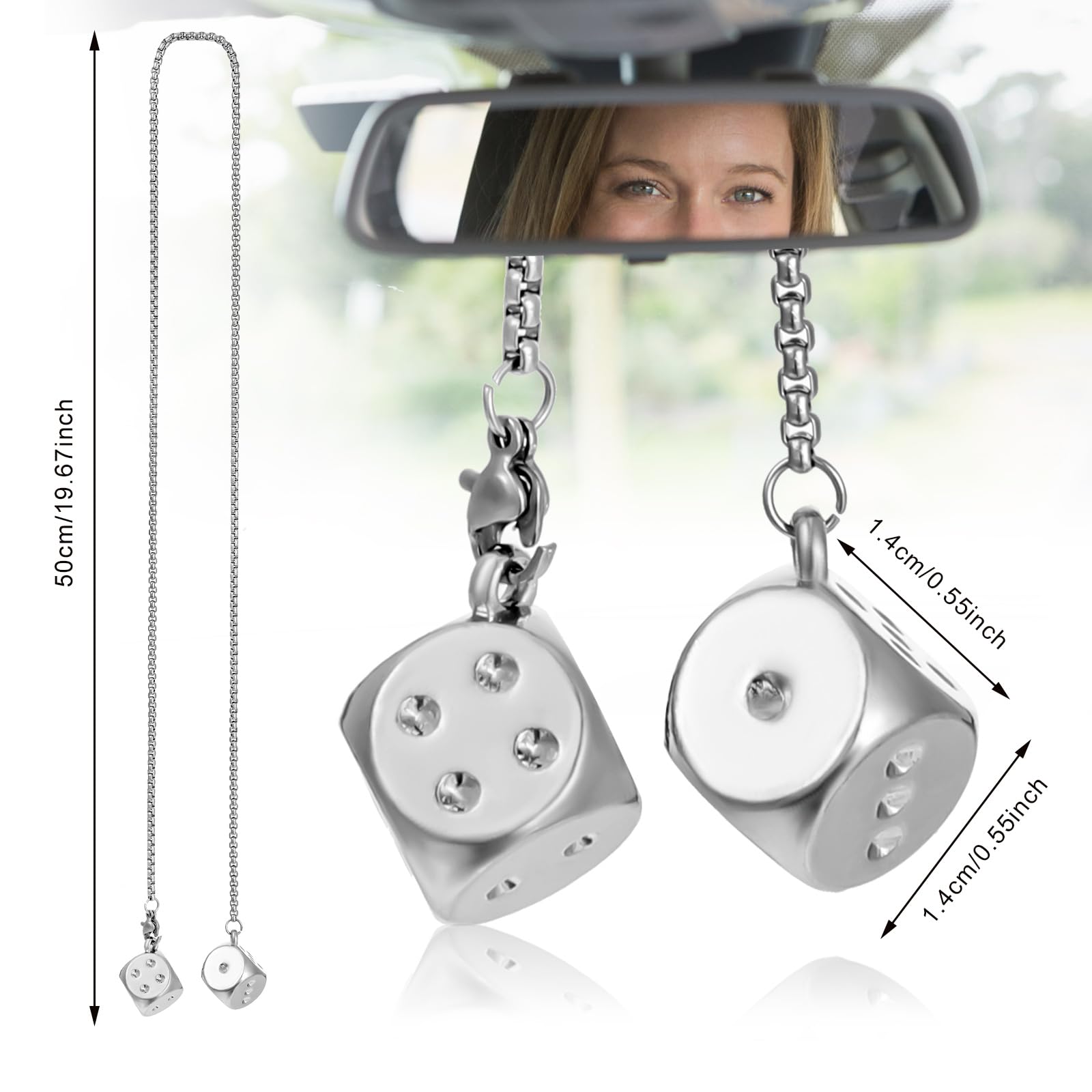 BMTick Dadi Da Appendere Allo Specchietto Retrovisore – 2 Confezioni (4 Dadi) In Metallo Argento Con Pois Bianchi – 40 Cm – Accessorio Auto Vintage E Divertente
