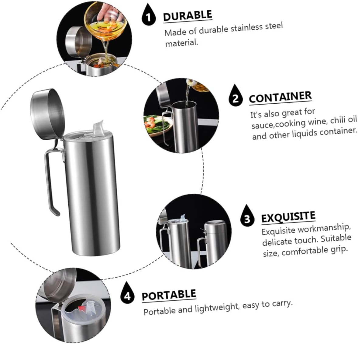 Stainless Steel Oil Pot with Filter, 600ml Leakproof Cooking Oil Dispenser Bottle for Kitchen Seasoning and Frying Use