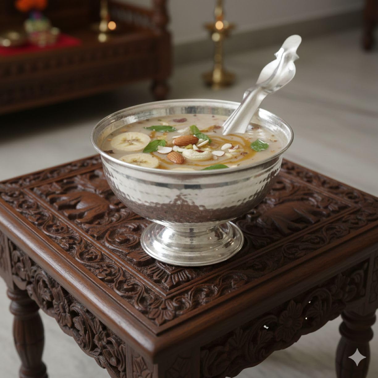 Pooja Bowl with Udharani/Panchamruta/Teerth/Naivedya/Akshatha Bowl with Spoon, Premium Silver Plated White Metal Multi Purpose 4 Inch (L)* 3 Inch (H) Puja Item by SujArta-image-26