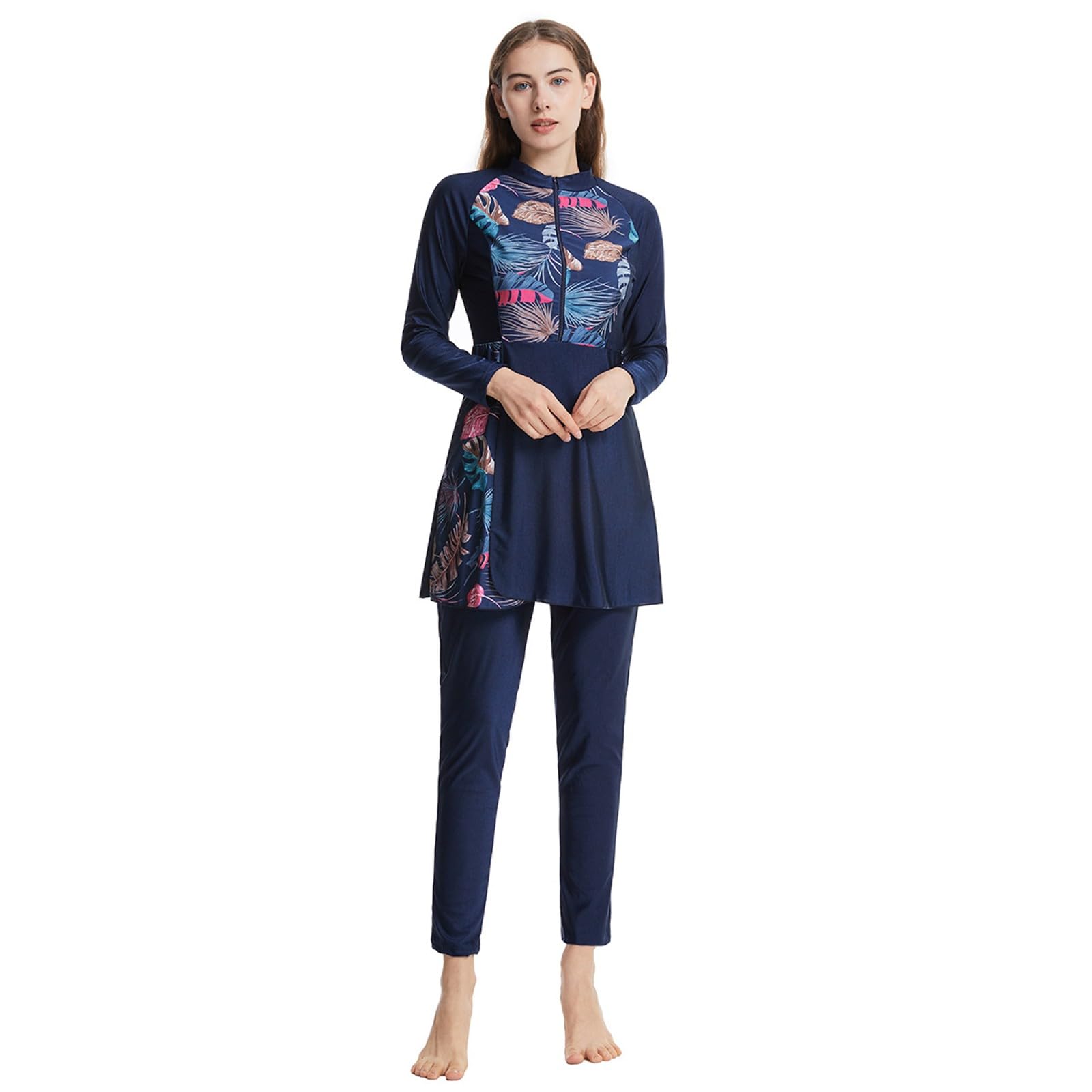 Langarm-Bademode-Set für Damen, Tankini mit Hut und Schwimmbrille, zweiteilig, für ganzjähriges Schwimmen im Hallenbad # L