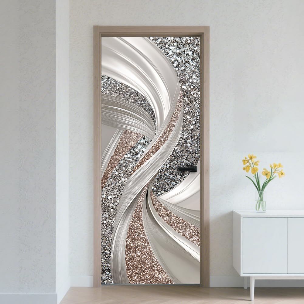 CRAFTYMELODY Door Sticker Peel Stick Removable Self Adhesive Door Mural Decal Vinyl PVC Waterproof Door Cover Wallpaper for Home Office Shop Decoration 31.48×78.74 Inch Silver Rose Gold Line