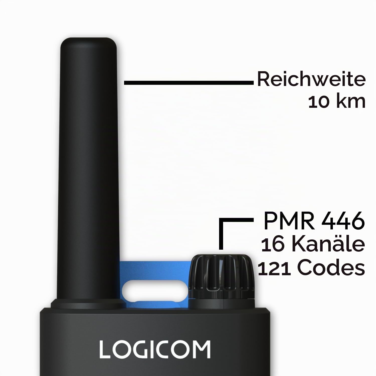Logicom – Essential – Walkie-Talkie – PMR446 – lizenzfrei – bis zu 10 km Reichweite – 20 Std. Akkulaufzeit – LCD-Display – USB-C – Taschenlampe – VOX-Freisprechfunktion – 16 Kanäle – 1000 mAh Akku – 2