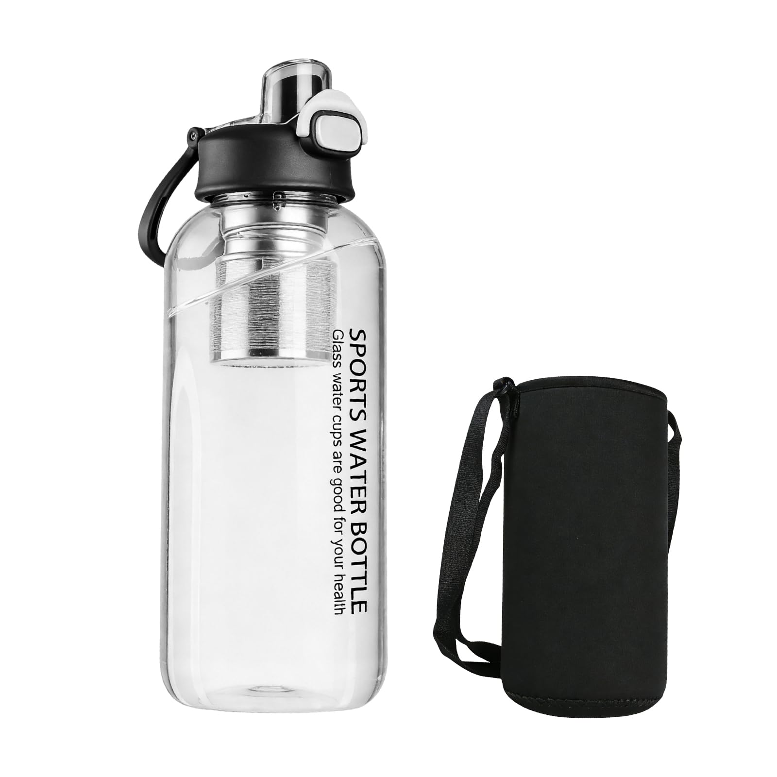 1.5 L Glass Water Bottle with Strain, Glass Drinking Bottle with Stainless Steel Straw, Tea Bottle, Transparent Borosilicate Bottle for Sports, Office, School Outdoor, Black