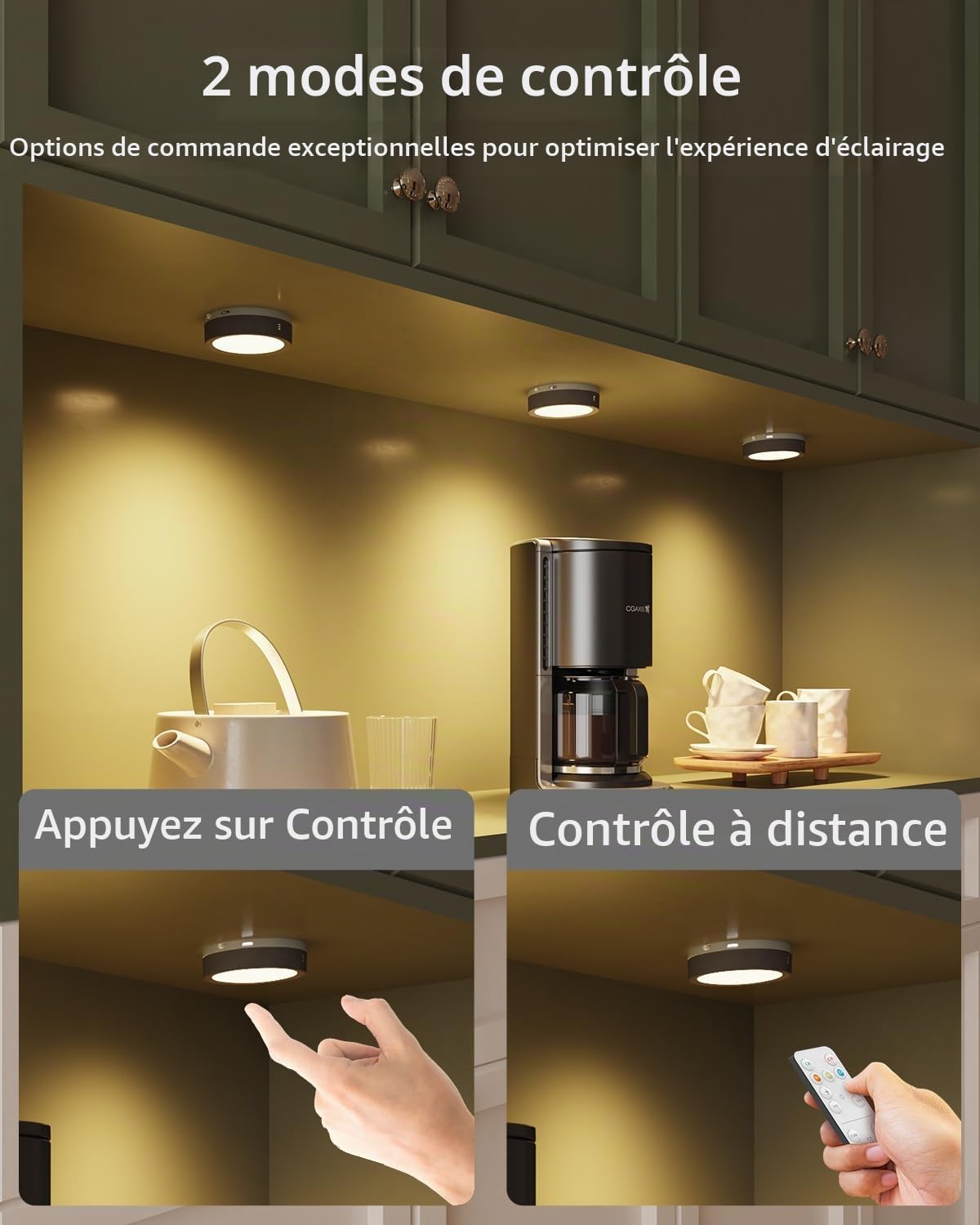 Spot LED Rechargeable USB avec Télécommande, Batterie de 1600mAh Eclairage Vitrine LED Sans Fil Lampe Placard a Pile Lumiere Cuisine Sous Meuble Autocollant Veilleuse Tactile pour Armoire Dressing
