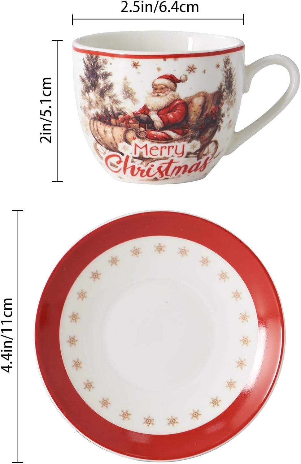 Christmas Espresso Cups & Saucers Set of 6, 3oz Small Coffee Mugs, Ceramic Demitasse Cup for Tea, Latte, Espresso Shot Cup for Expresso Machine & Coffee Maker, Christmas Gifts for Coffee Lovers