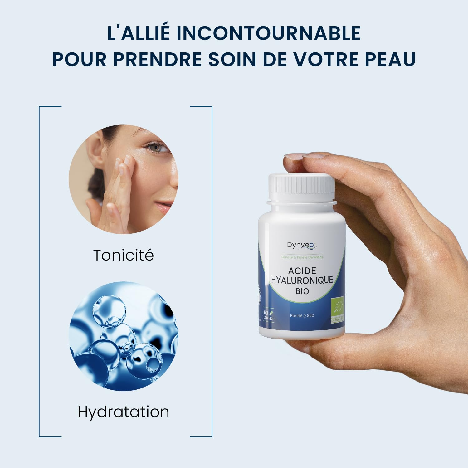 Ácido hialurónico ecológico GreenIuronic – Antiarrugas, hidratación de la piel – Valorado al 80% en ácido hialurónico – Alto peso molecular de 1500 a 4000 kDa – 60 cápsulas vegetales (2 meses) (sin
