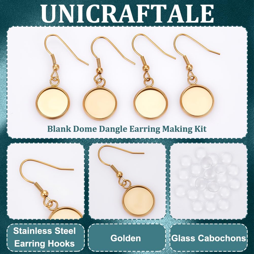 UNICRAFTALE 12 Pairs DIY Blank Earring Making Sets 12mm Tray Stainless Steel Dangle Bezel Trays with Hooks Golden Glass Cabochons for Jewelry Making - Image 5