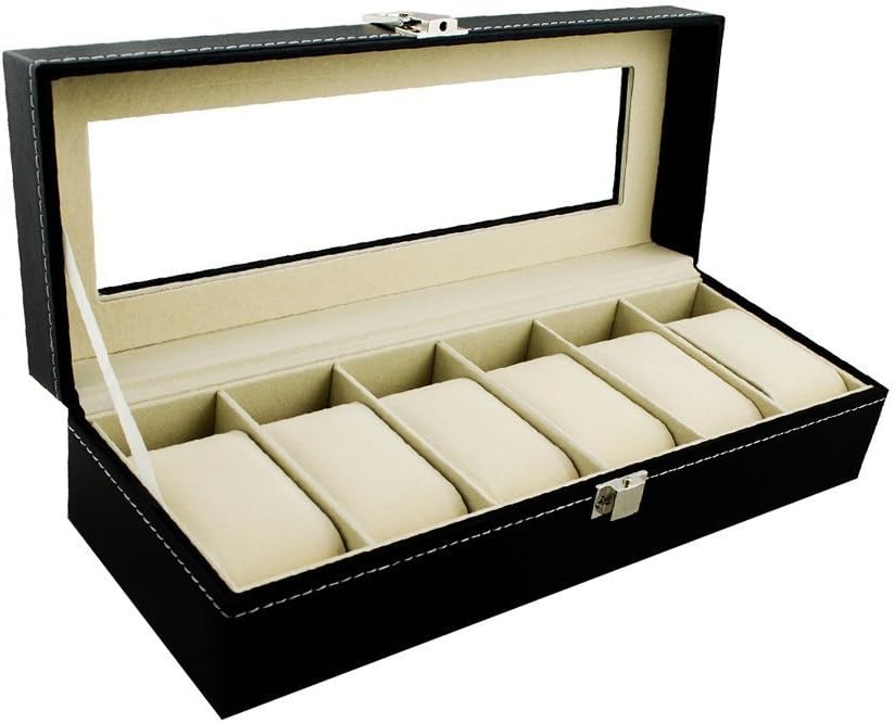 Naerde Faux Leather Watch Display Box Case for 6 Grids Watch Black