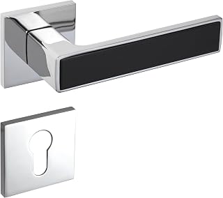 Gavroche Türgriffe Set PZ Profilzylinder | Türklinken für Innentüren in Silber Chrom und Schwarz | Drückergarnitur für Zimmertür mit eckiger Rosettengarnitur aus Zink | Türbeschlag in L-Form