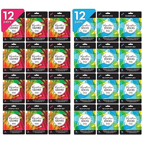Bodipure Premium Keratin Gloves and Socks Bundle - Nail Strengthening Hand Masks and Moisturizing Foot Masks - 12 Hand Glove Pairs and 12 Sock Pairs Cover