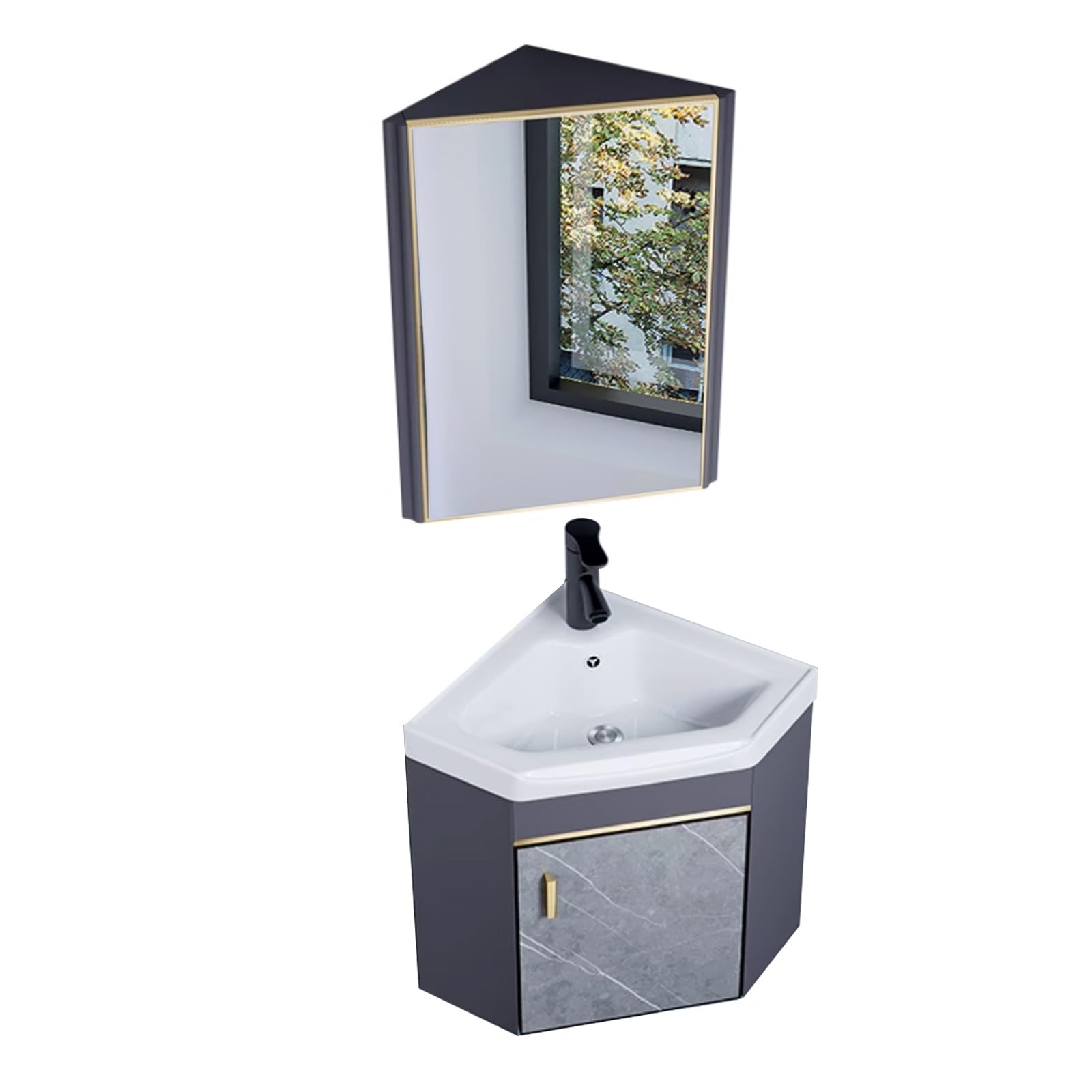 Bagno Lavabo Angolare su Piedistallo Mobile con Rubinetto e Scarico, Specchio e Sospeso per Bagno e Lavanderia