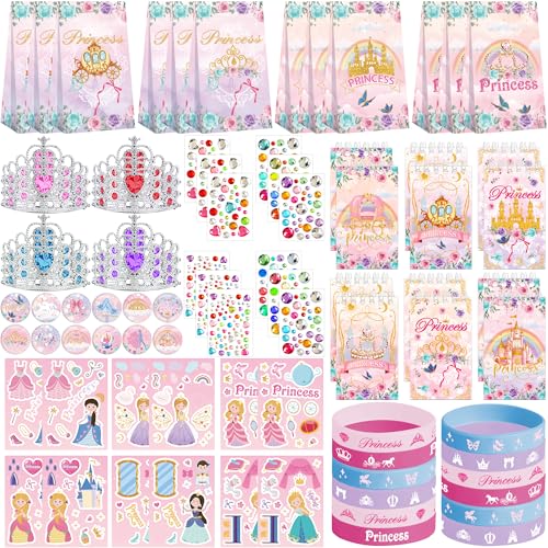 Ywediim Festa de princesas, inclui bolsas de presente, autocolantes, pulseiras de silicone, crachás, livres, autocolantes de gemas, tiaras coroa, para festas de aniversário de princesa e meninas