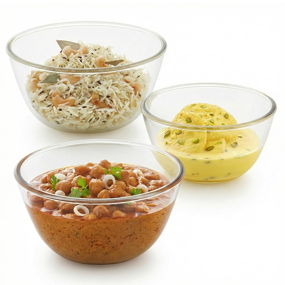 Borosil 750ml + 1L + 1.5L (3pc) Serving & Mixing Bowl Set | Made in India Borosilicate Glass Bowl for Kitchen & Dinning | Bowl for Mixing Dough, Salad, Batter | Microwave & Dishwasher Safe | Clear