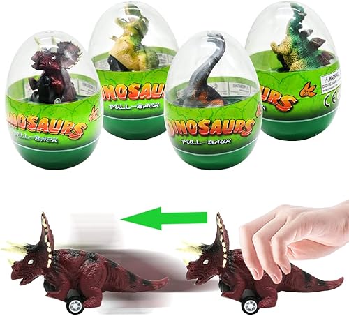 Huevo de Pascua precargado con juguetes de dinosaurio para tirar hacia atrás, 4 piezas Jumbo T-Rex Triceratops Dino para rellenar cestas, recuerdos