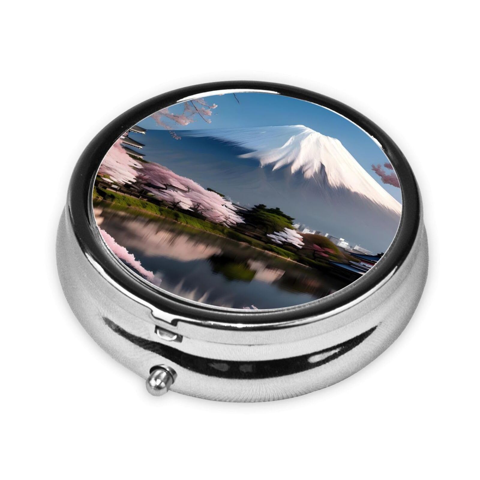 Cute 3-Compartments Round Pill Box Mt. Fuji in Early Spring Small Pill Case Portable Medicine Dispenser,for Pocket Purse