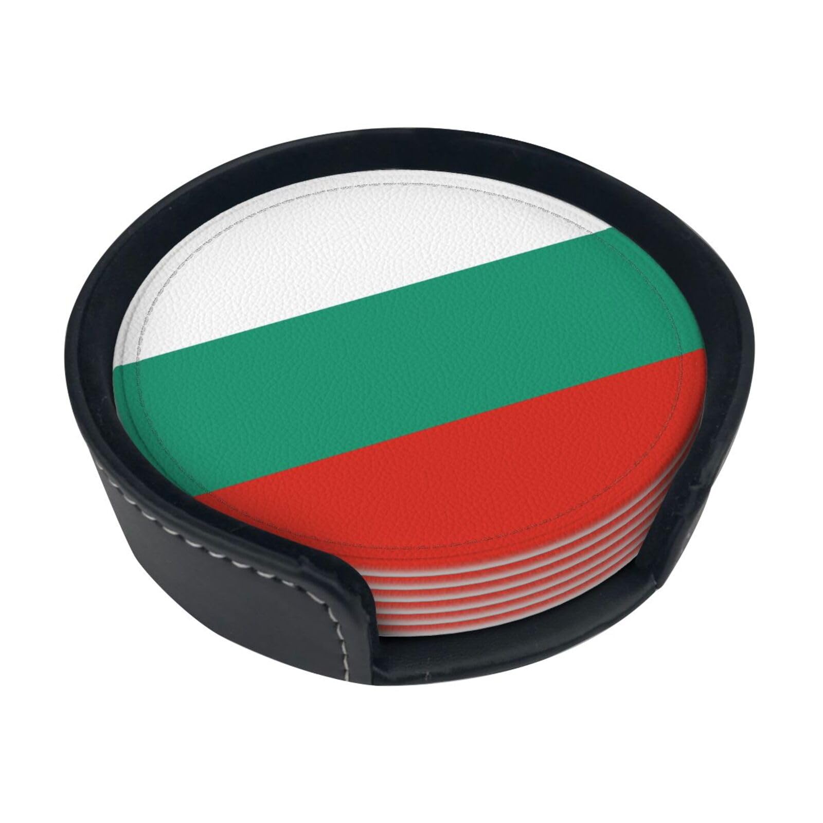 Cntdbu White Bulgarian Flag Leather Coasters Set Of 6-Pu Leather Drink Mats For Table, Heat Resistant Round Coasters With Holder