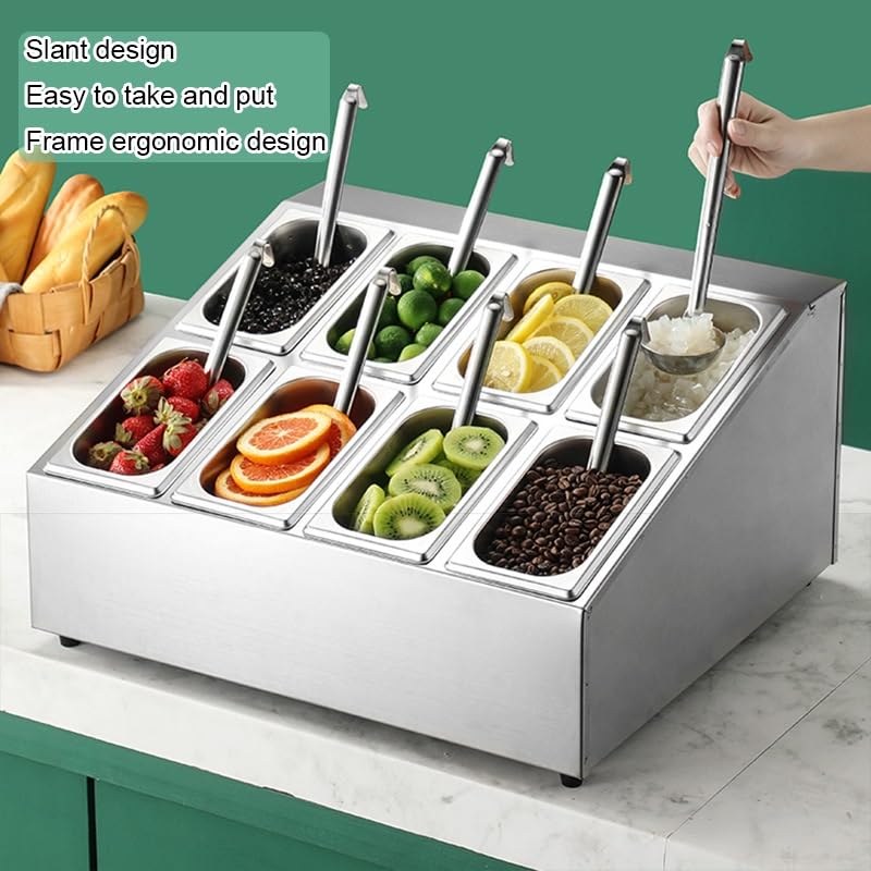 Stazione superiore per pizza in acciaio inossidabile, set di portaspezie commerciale, contenitori per spezie con coperchio per preparare ingredienti topping, argento-B-36 x 42,5 x 23,5 cm